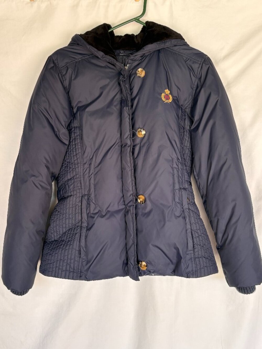 Tommy Hilfiger Navy Down Puffer Jacket Faux Fur Hood Gold Buttons S/P